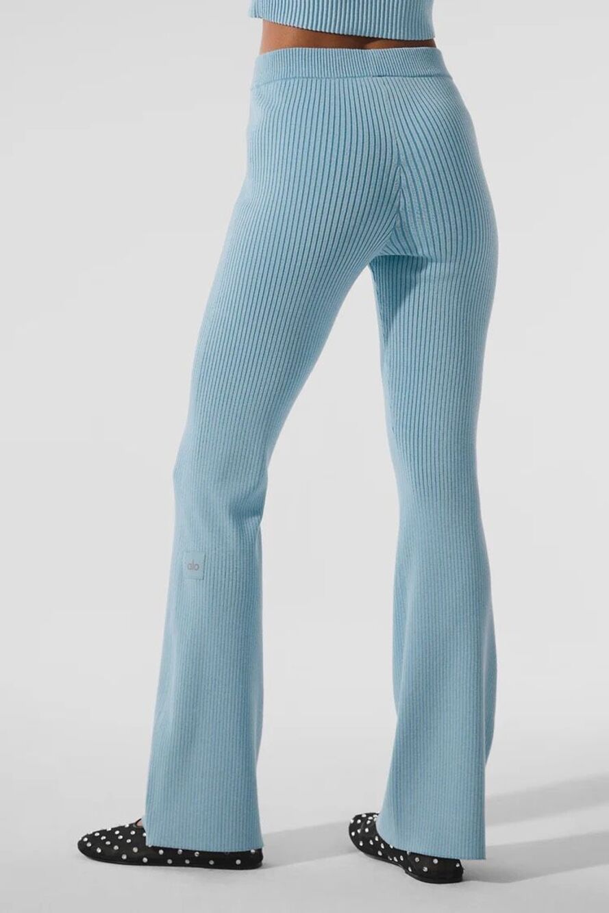 Alo Yoga Denim Knit Ribbed Flare Light Celestial Blue Leggings Pants Size Small